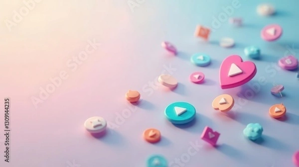 Fototapeta Pastel Play Icons Scattered on a Soft Surface A Delightful Composition of Play Buttons, Hearts, and Other Shapes in a Dreamy Setting