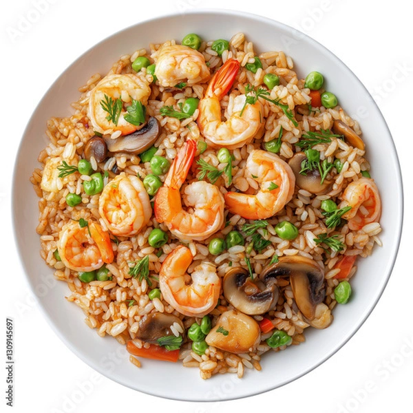 Fototapeta A plate of fried rice with shrimp, mushrooms, and vegetables on a transparent background.