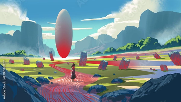 Fototapeta A lone woman stands in a surreal, colorful landscape, gazing at a massive floating oval shape surrounded by glowing stones and mystical energy, digital art style, illustration painting
