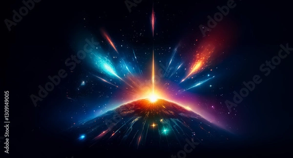 Fototapeta A vibrant burst of light erupts from a dark planet in space. Colorful beams shoot outwards in a dynamic display of energy against a black backdrop.
