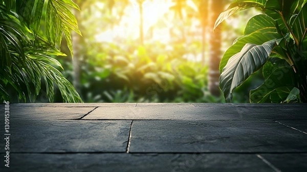 Fototapeta Dark Grey Stone Table in Lush Tropical Jungle Setting with Sunlight