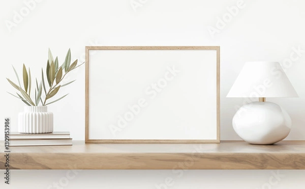 Fototapeta Small horizontal art frame template in neutral and simple interior. Lamp and plant in vase standing on white wall background. Organic modern shelf decor. 3d rendering.