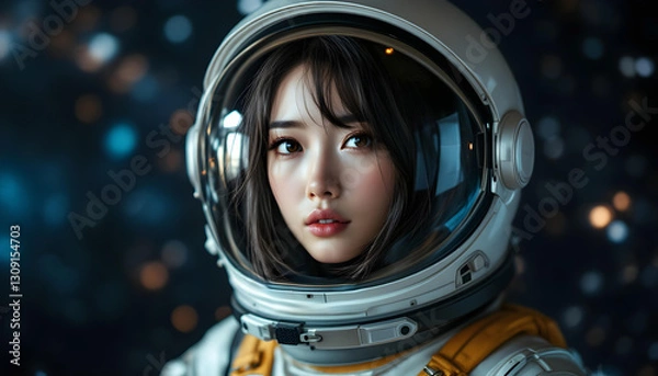 Fototapeta ファンタジーストーリー（宇宙服を纏った女性―果てしない無限の宇宙を巡る旅の始まり）