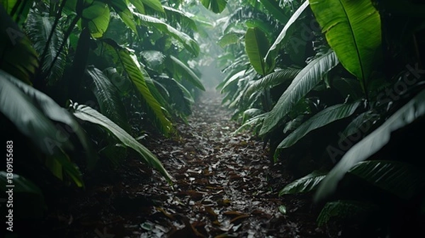 Fototapeta Dark Lush Rainforest Path With Green Leaves