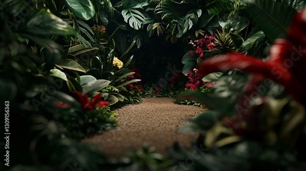 Fototapeta Dark Lush Tropical Jungle Path with Red Flowers
