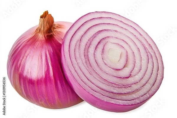 Fototapeta A pink onion slice isolated on a white background with a clipping path, closeup view Top view of a red onion ring slice cut in half for decoration or cooking design