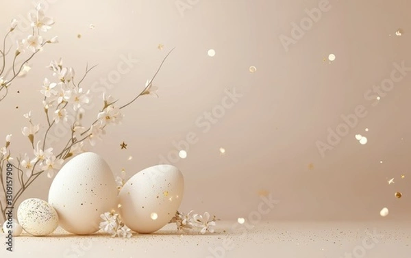 Fototapeta Easter 3d background minimalistic mockup with space for text, soft cream and gold shimmer background
