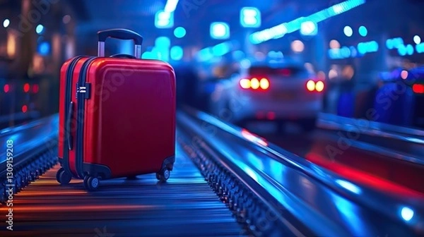 Fototapeta A bright red suitcase stands on a conveyor belt in a bustling transportation hub, illuminated by blue lights, indicating travel and adventure.