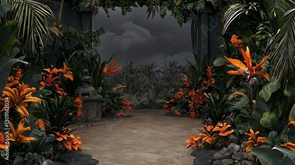 Fototapeta Dark Moody Tropical Garden Path with Orange Flowers and Stone Archway