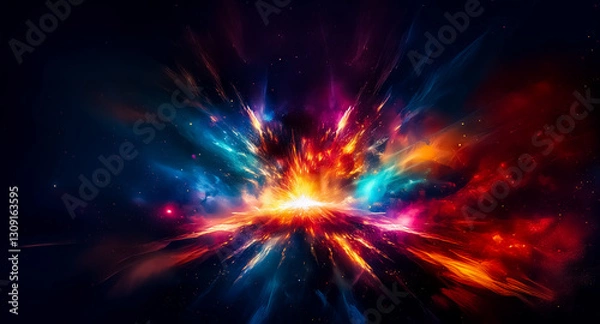 Fototapeta Abstract burst of vibrant colors exploding outwards in a cosmic expanse.  Dynamic energy radiates from a central point, creating a nebula-like effect against a dark backdrop.