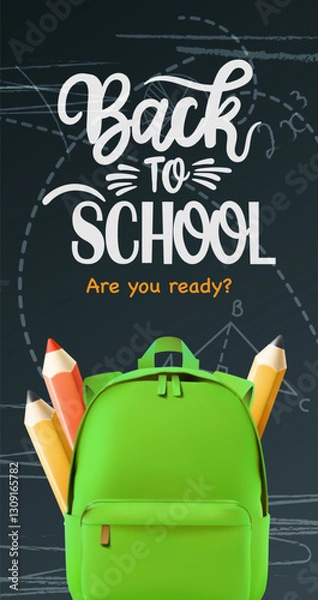 Fototapeta Back to school poster. Welcome Back to school text with school color backpack and pencil educational elements for learning flyer. Vector illustration