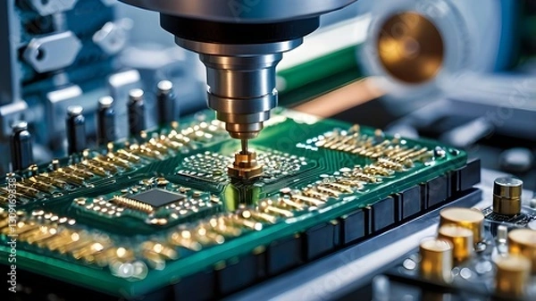Fototapeta Close-up of semiconductor manufacturing with precision machinery and microchips, symbolizing advanced technology and electronics production.
