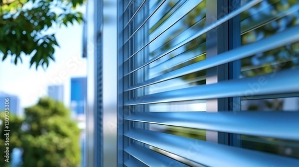 Fototapeta Open blue blinds on a building, trees and city visible in background. Use interior