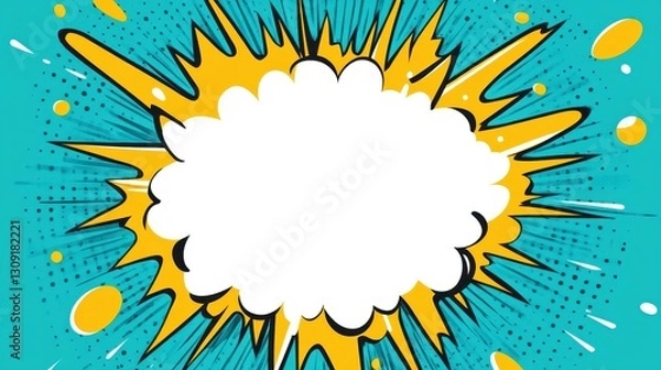Fototapeta White speech bubble bursting against turquoise dotted background, featuring yellow radial lines and orange spots, generating dynamic visual communication element
