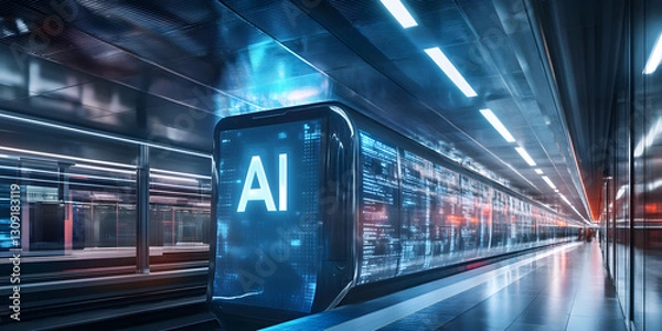 Fototapeta Futuristic AI-Powered Metro Train in High-Tech Subway