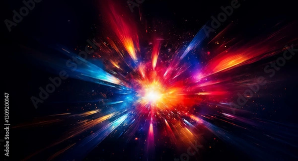 Fototapeta Vibrant explosion of light with radiating beams in dark space.  A colorful burst of energy creating dynamic motion. Abstract cosmic design.