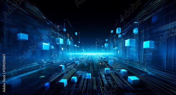 Fototapeta Abstract digital network with blue cubes and lines creating a futuristic perspective, suggesting data flow in a technological environment.