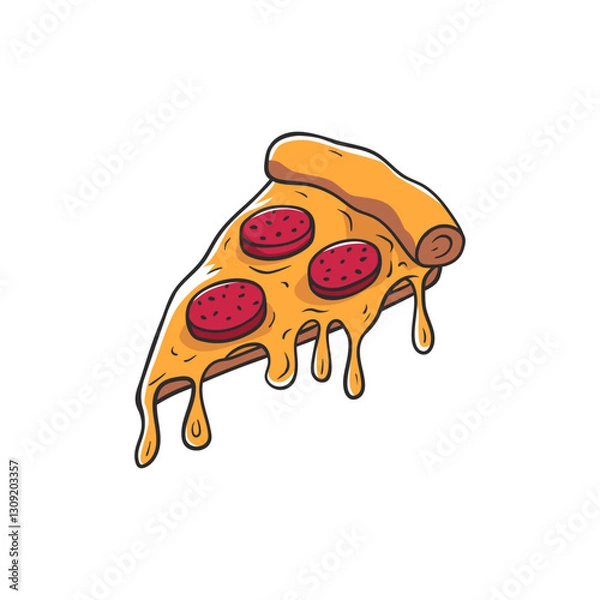 Fototapeta Illustration of a pizza slice with pepperoni, featuring a cartoonish style with melting cheese dripping from the crust
