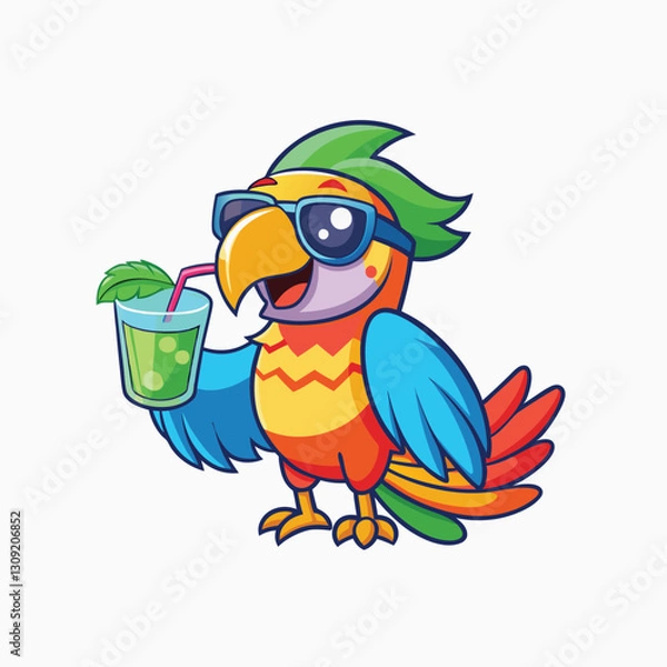 Fototapeta Red and Green Parrot Cartoon with sunglasses holding glass of orange juice vector cartoon illustration isolated on white background