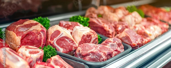 Fototapeta Fresh meat display with high quality cuts in market setting
