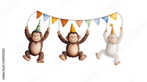 Fototapeta Happy Monkeys Celebrating with Colorful Banners and Party Hats Watercolor