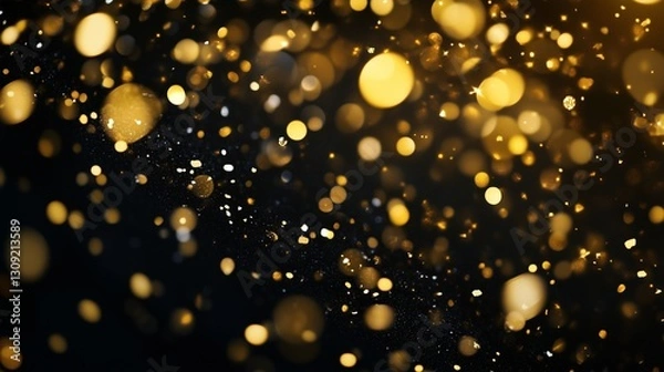 Fototapeta Golden background with bokeh. Confetti on a black background with gold and black confetti. Anniversaries and new weddings are celebrated in the year. A golden backdrop lifestyle featuring bokeh.