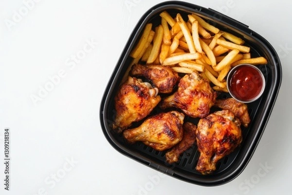 Obraz Crispy air-fried chicken legs with golden french fries and ketchup sauce