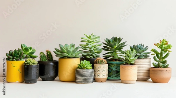 Fototapeta Collection of home flowers and succulent plants in different pots. Steam compact air humidifier.