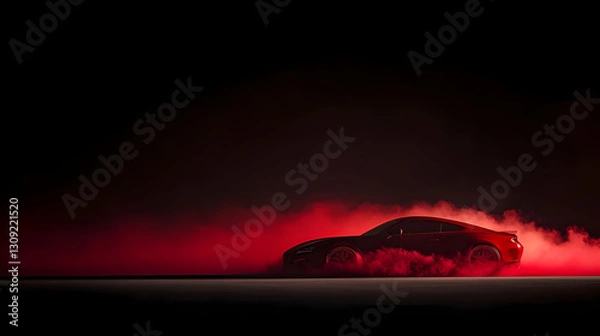 Fototapeta Red Pixelated Car Silhouette Driving Through Red Smoke In Dark Studio Environment