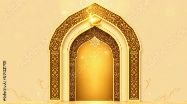 Fototapeta Golden Arch of Celebration: A radiant, ornate archway, adorned with intricate patterns and a golden crescent moon, glows with an inviting light. A symbol of entry, enlightenment, and divine blessing.