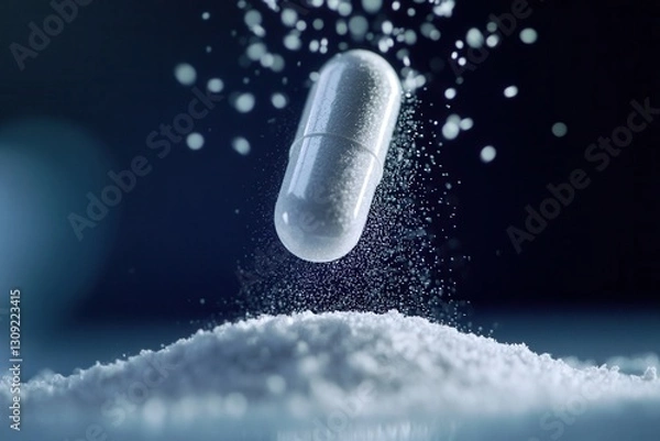 Obraz Macro shot capturing fine powder flowing from a half open pill in a cinematic and softly blurred pharmaceutical setting