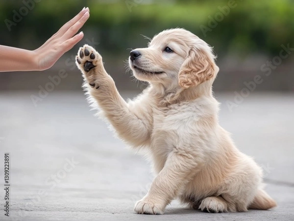Obraz Golden retriever puppy giving high five outdoors