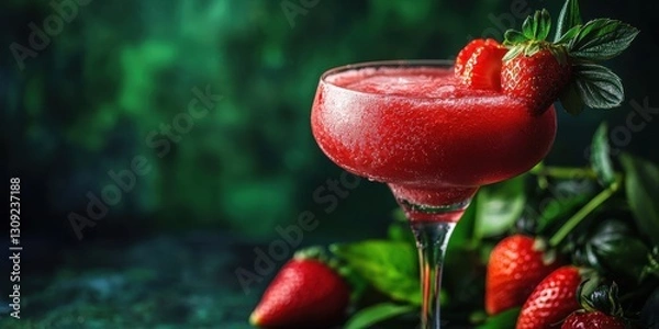 Fototapeta Floating frozen strawberry daiquiri with strawberries on a deep forest green background