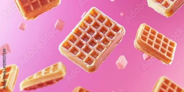Fototapeta Floating frozen waffles with a touch of frost on a vivid fuchsia background
