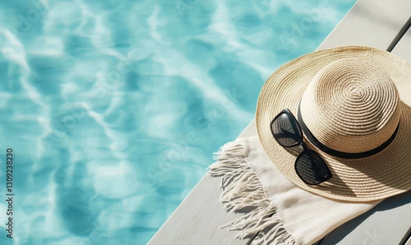 Fototapeta Enjoy a Relaxing Summer Day by the Pool with Stylish Accessories and Captivating Water Reflections Beneath the Bright Sunshine