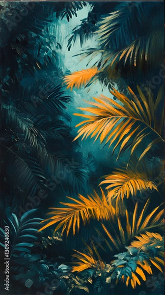Obraz Abstract Tropical Jungle Painting with Golden Palm Leaves and Deep Green Foliage