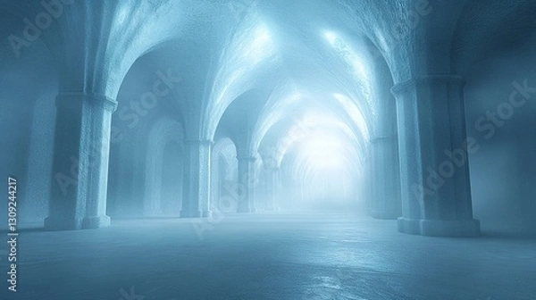 Fototapeta A vast winter room with smooth icy surfaces, slightly blurred frosty textures, glowing soft blue light, misty cold ambiance, 3D abstract fantasy setting, wide-angle ethereal view. 