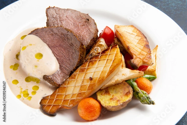 Fototapeta Steak, fried vegetables and mushrooms in a plate on a dark background.