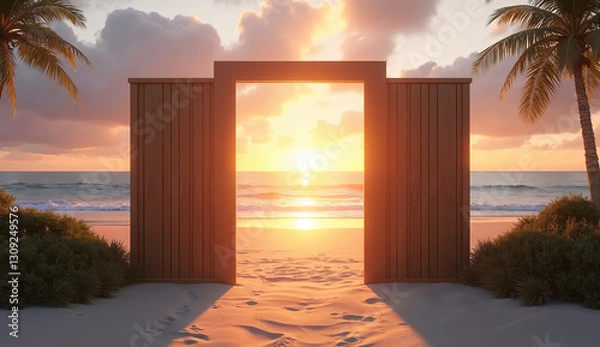 Fototapeta Beautiful Sunset View Through an Open Gate on the Beach – Perfect for Tourism, Wellness, and Inspirational Branding