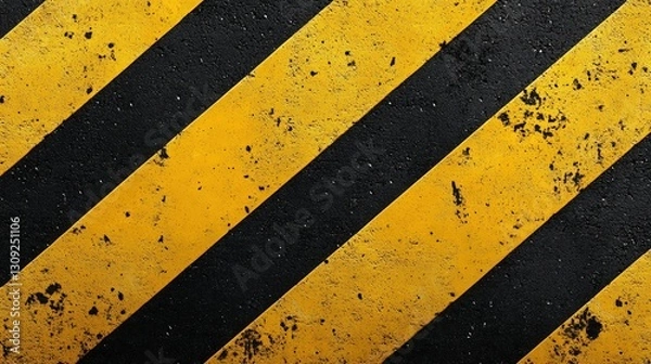 Fototapeta A close-up of a textured surface featuring yellow and black diagonal stripes, commonly associated with warning signs or cautionary markings.