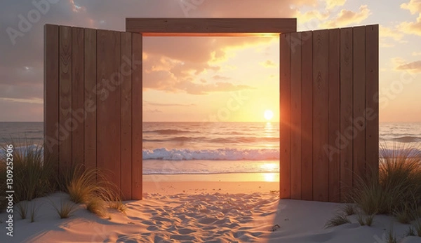 Fototapeta Serene Coastal Scene with an Open Gate Leading to the Ocean at Sunset – Ideal for Advertisements and Business Promotions
