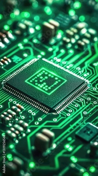 Fototapeta Green circuit board closeup; microchip; technology; data processing; digital future