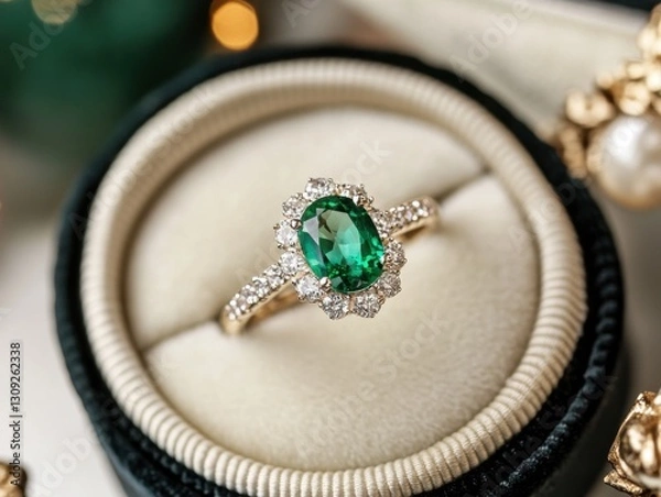 Obraz Elegant green emerald engagement ring with diamond accents in luxurious setting