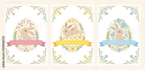 Obraz Cute adorable Easter bunny egg holiday greeting card set decorated in beautiful floral flower frame vintage art nouveau vintage victorian folk art background design style