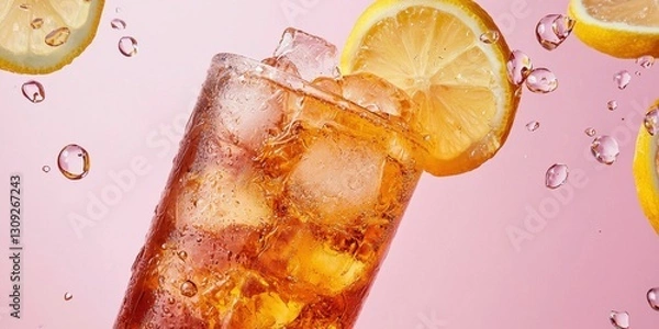 Fototapeta Floating long island iced tea with lemon and ice on a baby pink background