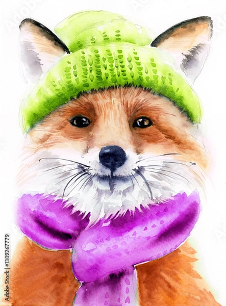Obraz Watercolor illustration of a fluffy red fox wearing a green and purple knitted hat and scarf (This illustration was drawn by hand without the use of generative AI!)
