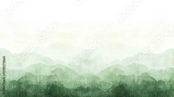 Fototapeta Serene watercolor landscape showcasing misty green mountains under a soft white sky