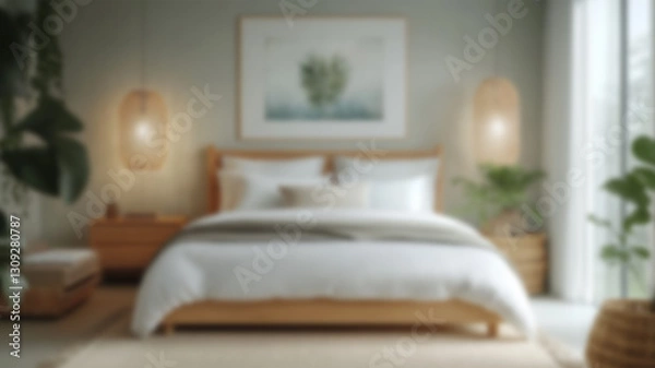 Fototapeta Blurred background of a serene scandinavian bedroom featuring soft lighting, natural wood accents, and peaceful decor. perfect for creating a calming atmosphere in your home. Ai Generated Images