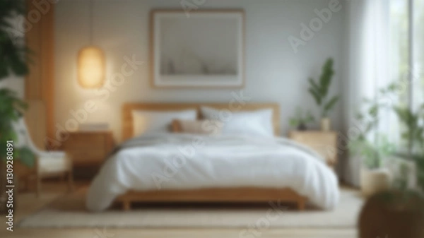 Fototapeta Blurred background of a serene scandinavian bedroom featuring soft lighting, natural wood accents, and peaceful decor. perfect for creating a calming atmosphere in your home. Ai Generated Images