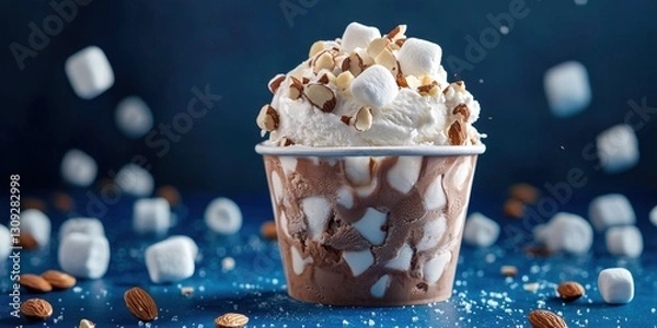 Fototapeta Floating rocky road ice cream with marshmallows and almonds in a cup on a midnight blue background